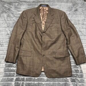 Stafford Executive Brown Glen Plaid Lambswool Blazer Sport Coat 44R 3 Button
